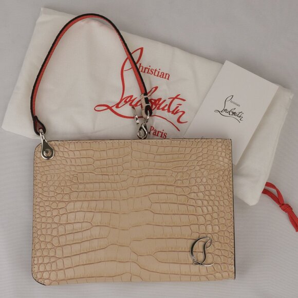 Christian Louboutin Mini Logo Croc-Embossed Leather Zip Pouch Clutch, Beige - Picture 10 of 10